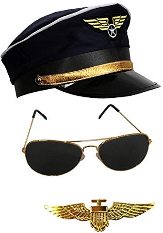 Mega_JumbleSale® Air Force Captain Airline Pilot Captain Fancy Dress Set for Adult, Unisex Hat/Cap, Sunglasses & Badge - Captain Stag Airline Pilot Top Gun