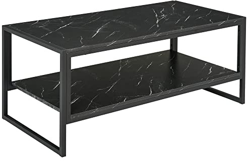 HOMCOM Two-Tier Laminate Marble Print Table Top Coffee Table w/Metal Frame Foot Pads Elegant Modern Style 2 Shelves Home Display Storage Unit Living Room