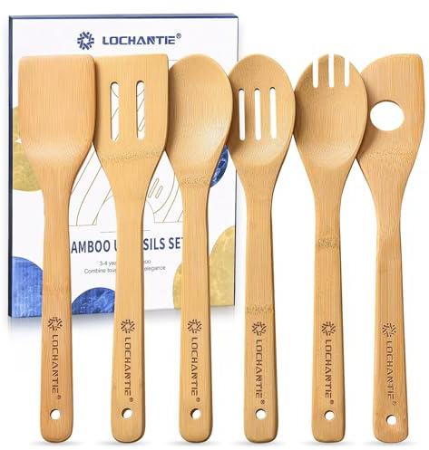 Wooden Spoons for Cooking Bamboo Utensils Set (6 Pieces) - Essential Tools Wooden Spoons & Spatula for Everyday Stirring, Mixing, Flipping & Serving, Gentle on Nonstick Cookware