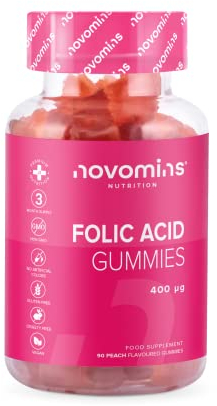 Folsäure Gummibärchen – 90 Gummis für 3 Monate – Folsäure 400 mcg – Folsäure Kinderwunsch – Folsäure Schwangerschaft – Hochdosiert Pränatales Vitamin – Vegan und Glutenfrei Folsäure – Novomins