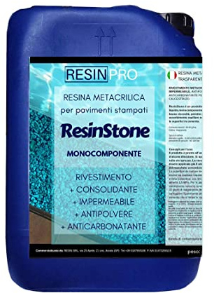 Resin Pro ® Resina Metacrilica Monocomponente ResinStone - Rivestimento per Pavimenti Stampati in Calcestruzzo, Consolidante, Impermeabile, Antipolvere, Carrabile - 20 L: 300m2