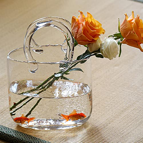 RWUDV Jarrón de vidrio para flores, bolsa de vidrio blanco, jarrón con pecera, jarrón de vidrio transparente con asas y burbuja, jarrón único con forma de bolso para el hogar, centro de mesa,