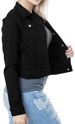 L9WEI Dam smal kort jeansjacka långärmad enfärgad jeansjacka lätta jackor för kvinnor mode estetisk vintage streetwear, svart, XXL