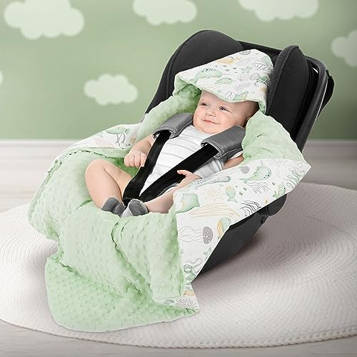 Joyz Einschlagdecke mit Kapuze, Meerestiere mit grünem Minky, 100% Baumwolle, 84x84 cm, Doppelseitig, Universal für Babyschale, Autositz, Kinderwagen oder Buggy, Kuscheldecke Ganzjahresdecke Babydecke