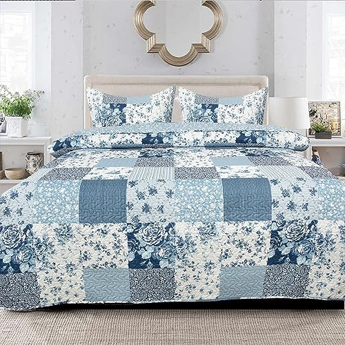 PHP Patchwork Bedspread Box Pattern 100% Cotton Filling Reversible Quilted Throw For Bedroom Decor - Warm Quilt Coverlets Blankets Bedspread with Pillow Case (Ice Blue Floral - Des 6, Single)