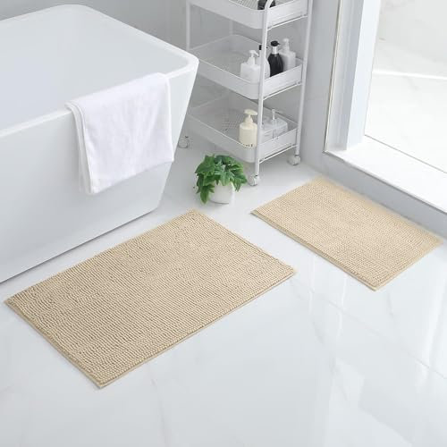 Homaxy Chenille Badezimmerteppich Set 2 teilig rutschfeste Badematte Set Weich Saugfähige Badteppich Waschbar Badvorleger - 40x60 cm+50x80 cm, Beige