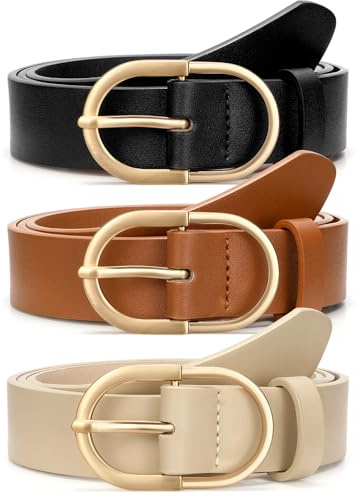 JASGOOD 3 Pack Women's Leather Belt with Gold Buckle Ladies Waist Belts for Jeans & Pants (Black/Brown/Beige) - Size XL