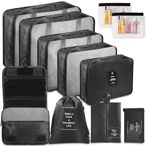 WECUTE Koffer-Organizer, 11-teilig, Packwürfel für Kleidung, Reise-Organizer für Kleidung, Schuhe und Kosmetik (schwarz)