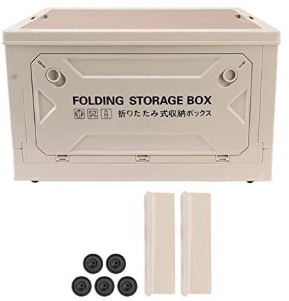 Ejoyous Boîte de rangement de camping avec couvercle en bois - 50 l - Avec 4 roulettes - Pliable - Pour voiture, camping, pique-nique - Gris et blanc