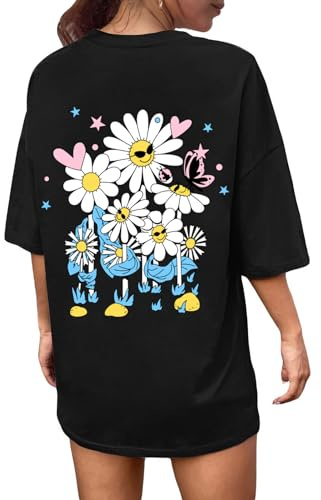 Svanco T-Shirt Oversize à Col Rond pour Femme Manche Courte avec Impression de Lettres Créatives Loose Haut Imprimé Streetwear Top