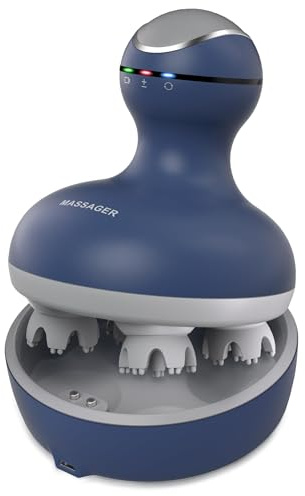 cotsoco Masajeador eléctrico de cabeza del cuero cabelludo, masajeador impermeable con 4 cabezales, 84 nodos para crecimiento del cabello y liberación de estrés, masaje azul