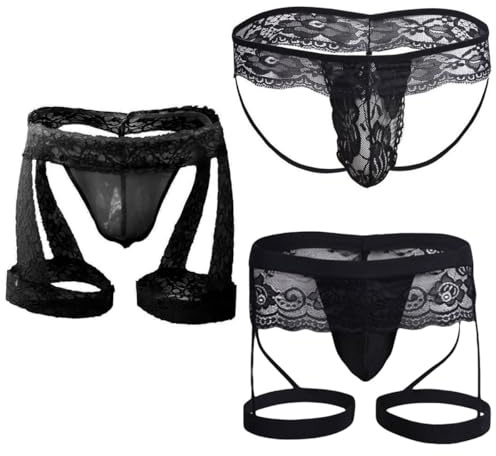 VemeFufu Perizoma Jockstrap per uomo sexy Suspensorio Pizzo Perizoma Sissy Intimo Thong Sportivo Atletico Slip Traspirante Filato Elastici Mankini Maschio 3 Pack Nero, 3 Pack Nero-01, Taglia unica