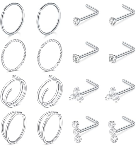 LAURITAMI Piercing Näsa Rostfritt Stål Kirurgiskt Set, Näsa Piercing Cirkel, L Rak Spiral Form Piercing Näsa Stud för Kvinnor Män 20G Silver Cubic Zirconia