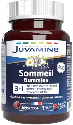 JUVAMINE - Gummies Sommeil- Endormissement facilité - Sommeil réparateur - Décalage horaire - Passiflore - Camomille - Aubépine - Mélatonine - 45 Gummies - Fabriqué en France
