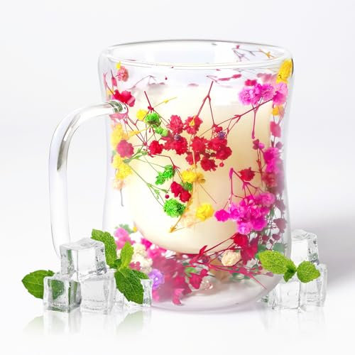 RUIOMII 400ml Tazas de Cafe con Flores Secas, Tazas Cafe con Estampado Floral, Regalos de Cumpleaños para Mujer, Madre, Novia