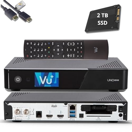 VU+ UNO 4K SE E2 receptor de satélite Linux + SSD de 2 TB (DVB-S2 FBC Twin Tuner, 4K HDR, HDMI 2.0, USB 3.0, CI + lector de tarjetas, pantalla LCD de 2,4 pulgadas, Característica, TV Box con función