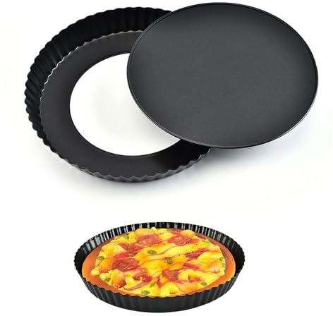 Cuicany Moulle a Tarte Rond, Moule à Tarte en Acier Au Carbone, Moules à Tartelettes, avec Base Amovible, Antiadhésif Quiche Pan Rond, pour Gâteaux Biscuits, 8 Pouces, 21.5 * 21.5 * 4cm