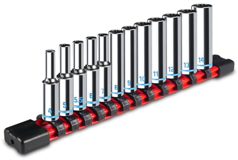 zozoa 1/4 Zoll Steckschlüsselsatz, 12 Stück Metrische Steckschlüssel (4mm-14mm), Blaue Geprägte Markierung, 12 Punkt Design, mit Ablageschiene, Chrom Vanadium Stahl