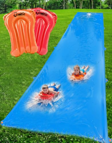 JAMBO Grande scivolo d'acqua e 2 bodyboard da 0,9 m x 1,8 m, modello aggiornato, extra lungo, extra largo, per bambini, scivolo ad acqua resistente, per cortile, prato, giocattolo per esterni