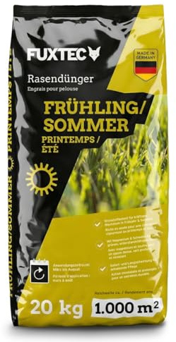 FUXTEC concime per prato primavera/estate FX-RDFS20, concime per prato ricco di azoto per una crescita uniforme, 20 kg di granuli per circa 1000 m², apporto nutritivo di lunga durata