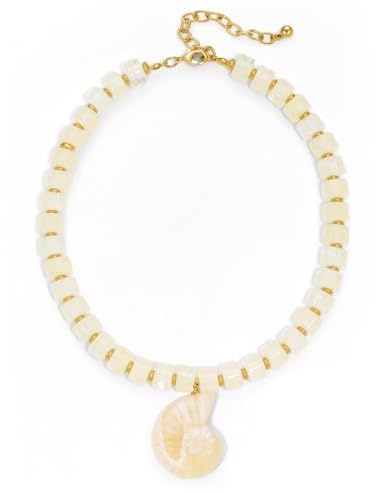 TOVABA Resin Shell Necklace for Women, Chunky Statement Necklace Large Ammonite Pendant Beaded Jewellery, Vintage Cream Square Bead Collar for Summer Holiday