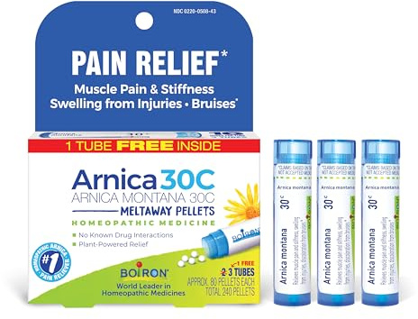 Boiron Arnica Montana 30C Homeopathic Medicine for Relief from Muscle Pain, Muscle Stiffness, Swelling from Injury, and Discoloration from Bruises - 3 Count (240 Pellets)