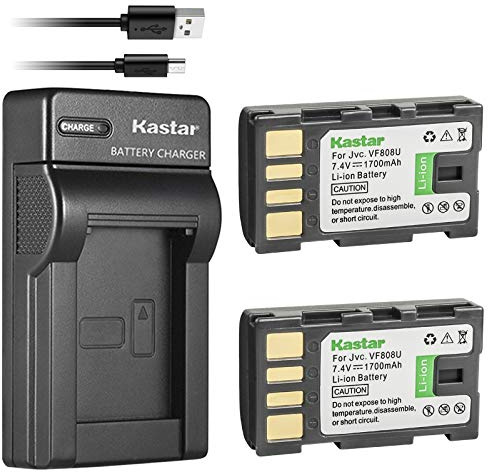 Kastar Battery (X2) & Slim USB Charger for JVC BN-VF808, BN-VF808U, BNVF808 and JVC Everio GZ-MG130 148 150 155 175 255 275 575 GZ-HD7 GR-D745 746 750 760 770 771 775 790 796 JVC MiniDV + More