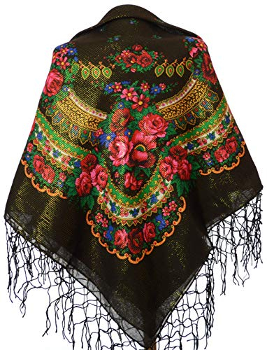 M&K Apparel - Halstuch mit traditionellem ukrainischem/polnischem/russischem Blumenmuster und Fransen - Schwarz -
