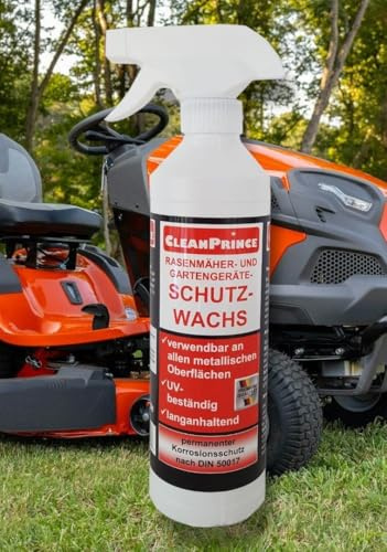CleanPrince 0,5 Liter Rasenmäher und Gartengeräte Schutzwachs Korrosionsschutz Spray Wachs Konservierung transparent | DIN 50017 | ca. 20-30 my | für Schaukeln Gartenmöbel Metall Bänke Winter