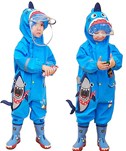 JinBei Puddle Suits Baby Boys All in One Waterproof Suit Kids Hooded Rainsuit Blue Breathable Easy to Dry Raincoats Transparent Hat Reflective Stripes Cute 3D Cartoon Shark Rainwear 1-2 Years