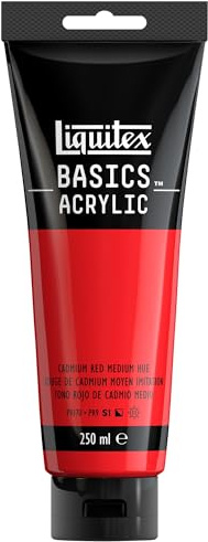 Liquitex 88700216 basics – akrylfärg, monopigmenterade konstnärspigmenterade pigment, ljusäkta, medelviskositet, arkivkvalitet, sidenglänsande finish, 250 ml rör – kadmiumröd medelnyans