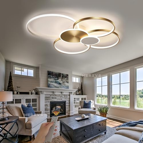 LED-takljus Dimbar med fjärrkontroll Vardagslampa Modern Rund Ring Design Taklampa Metall Akrylbelysning för Vardagsrum Kök Sovrum Matsal Barnrumslampa (Guld, L80CM)