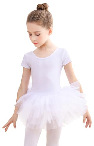 EASTBUDDY Ballet Dress for Girls,Toddler Dance Leotard with Tutu Skirt Short Sleeve Ballerina Outfit (White/5-7 Years)