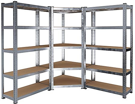 Sistema Di 3 Scaffali Metallo e MDF 1 Scaffale Angolare E 2 Per Magazzino Alta Portata 15 Ripiani Totali Regolabili Scaffalatura Officina Garage Cantina Capannone da 2625 kg Design Modulare