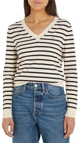 Tommy Hilfiger Damen Pullover Co Jersey Stitch V-Nk Sweater Strickpullover, Mehrfarbig (Breton STP/Calico/Desert Sky), XS
