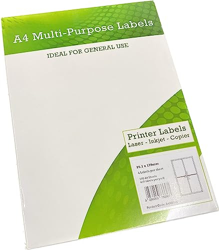 Thomas Stoners A4 Multipurpose Labels 4 Per Sheet 139 x 99.1mm (White) Pk of 100-400 Labels, Easy to Peel Self Adhesive Address Labels