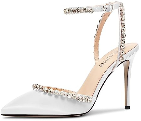 Castamere Donna Spillo Alto High Tacco Heel a Punta Cinturino alla Caviglia Diamante Cristallo Pumps Ballo Raso 10 CM Heels Bianco 35 EU