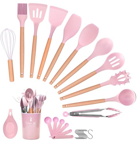 Helterfolg 29 Pièces Kit Ustensiles de Cuisine, Set de Couverts de Cuisine, Poignée en Bois, Résistant à la Chaleur, Sains et Antiadhésifs, Passent au Lave-Vaisselle, Sans BPA (Rose)