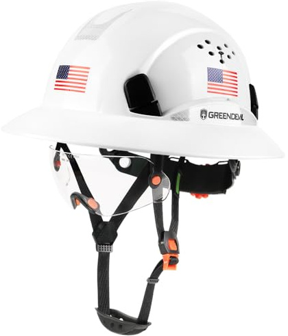 Full Brim Hard Hat with Built-in Visor Vented Construction Safety Helmet OSHA Approved Cascos De Construccion Work Hardhats Helmets with Cooling Towel for Men&Women Adjustable Ratchet Suspension