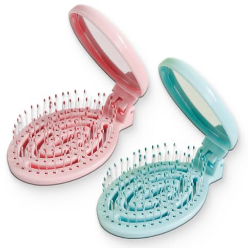 ZOPJUMA 2er Pack Faltbare Haarbürsten mit Reise Spiegel Runde Tragbare Faltbare Tasche Haarbürste Mini Haarkamm Kompakt Reisegröße Haarmassagekamm für Männer Frauen und Mädchen