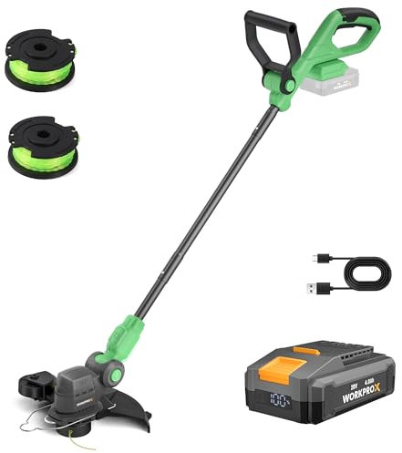 WORKPROX Cortabordes Inalámbrica 20V con Batería, Cortadora de Césped Batería con Recorte y Borde, Desbrozadora Bateria con Ancho de Corte 30cm, con 2 Rollos de Linea de Corte 5m