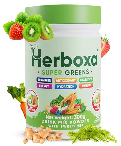 Herboxa SUPER GREENS Integratore Verde 50 Porzioni Fibra Probiotici Enzimi Digestivi Radice di Cicoria Zinco Cromo Gusto Fragola Kiwi Naturale Senza Zuccheri