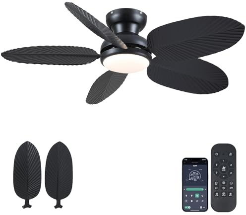 BayDay Tropical Palm Leaf Ceiling Fans with Lights, Black Ceiling Fan with Light and Remote 3CCT Dimmable Light, 5 Blades, Reversible 6 Speeds Flush Mount Ceiling Fan Coastal Indoor 45 inch