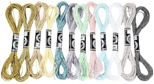 CABODYALS 12 madeja de 6 hebras de Hilo Metálico para Bordar A Mano con Purpurina para Pulseras de la Amistad, Hilo de Poliéster Brillante de Colores para Punto de Cruz, para Coser, Manualidades, Joye