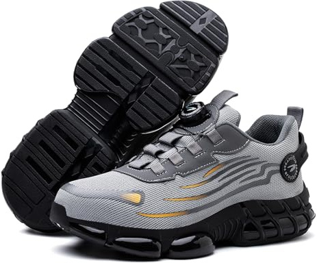 USOR Safety Trainers Mens Womens Steel Toe Cap Trainers Comfortable Lightweight Safety Shoes Swivel Buckle Shoelaces Non Slip Work Sneakers with Air Cushion Grey42