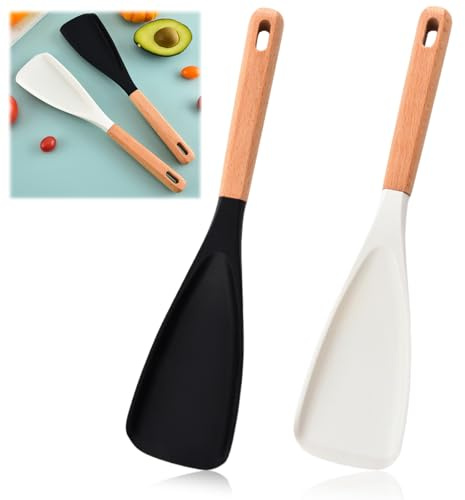 YIHAOH 2 Piezas Espátula Multifuncional, Pala de Silicona Mate, Cuchara de Ensalada con Mango de Madera, Utensilios de Cocina Antiadherentes Resistentes Al Calor, Cocina Multifuncionales