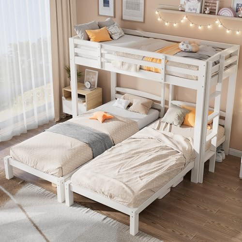 Miyemo Triple Bunk Bed, 3ft Single Bed Frame with Side Ladder & Parapet for Children & Teens, Three Sleepers, Easy to Assemble, White, (No Mattress)