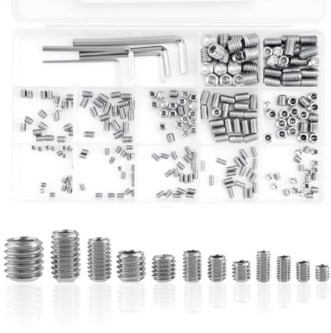 300 Stk Madenschrauben Set, Kegelspitz Madenschrauben Türklinken, metrisches M3 M4 M5 M6 M8 Edelstahl Innensechskant Schraubenset, Gewindestifte Gewindehülsen für Türgriffe Wasserhahn, mit Schlüssel
