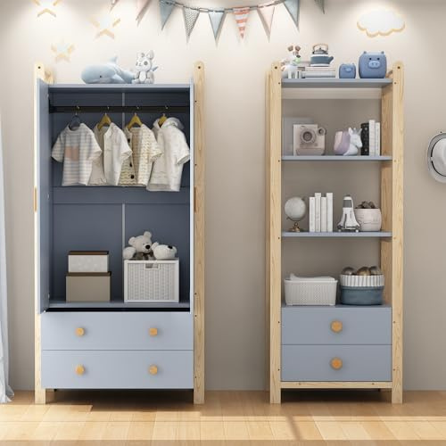 dowowdo Armoire Enfant & Bibliothèque - Meuble de Rangement Combiné 2 Portes, 4 Étagères et Tiroirs, 180cm, Bleu et Bois, pour Enfants de Tous Âges