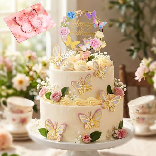 11 Pezzi Farfalla Decorazioni per Torte,3D Farfalla Cake Topper,Farfalla Dessert Topper,Papillon Décoration Gâteau per Compleanno Festa,Decorazione da Parete(Rosa）